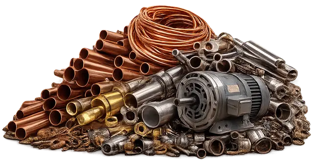 Large pile of scrap non-ferrous metals including copper, aluminum, and brass